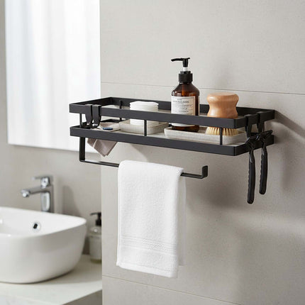 Wall-Mounted Black Spice Rack with Hooks and Roll Holder