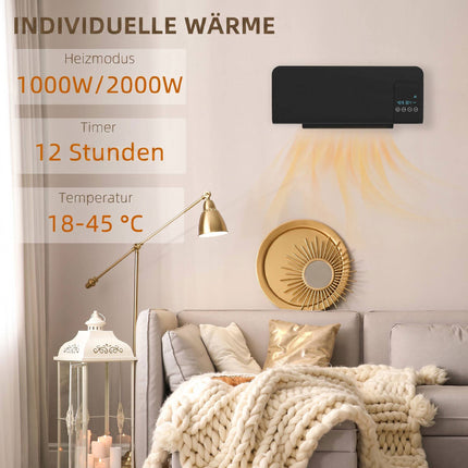 Wall-Mounted Electric Heater, Black, 2 Modes, Timer, LED Display
