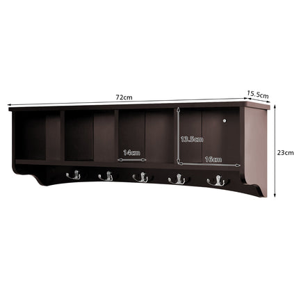 Wandmontierter Garderobenschrank, 4 Fächer, 5 Haken