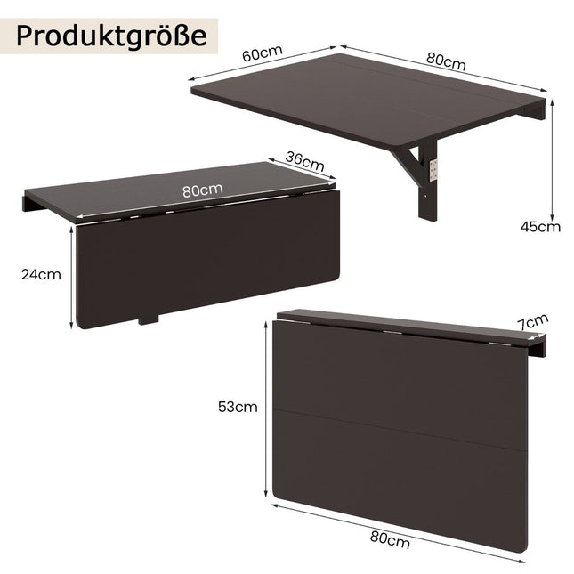 Wall-Mounted Folding Desk, Space-Saving, 80x60 cm, Brown