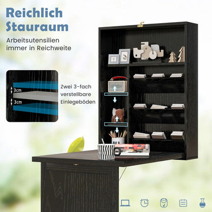 Nástěnný sklápěcí psací stůl s úložným prostorem, úsporný design