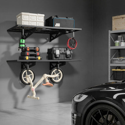Wall-Mounted Garage Shelving, 2-Tier Steel, 48 x 24 in, Hooks