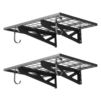 Wall-Mounted Garage Shelving, 2-Tier Steel with Hooks