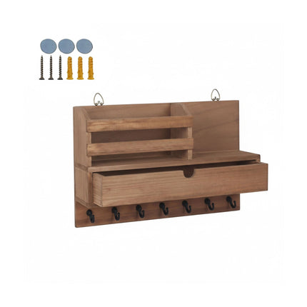 Wall-Mounted Key Rack, 7 Hooks, Drawer And Shelves