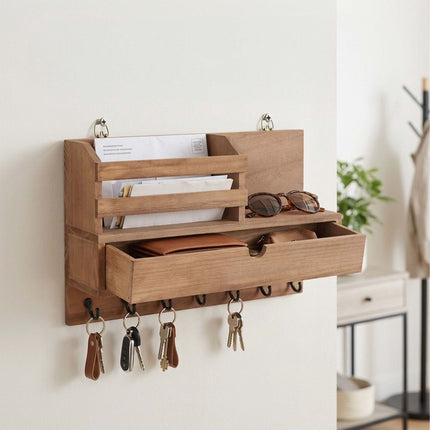 Wall-Mounted Key Rack, 7 Hooks, Drawer And Shelves