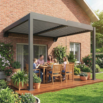 Nástěnná lamelová pergola, 3x3m, nastavitelná kovová střecha