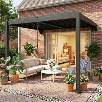 Nástěnná lamelová pergola, 3x3m, nastavitelná kovová střecha