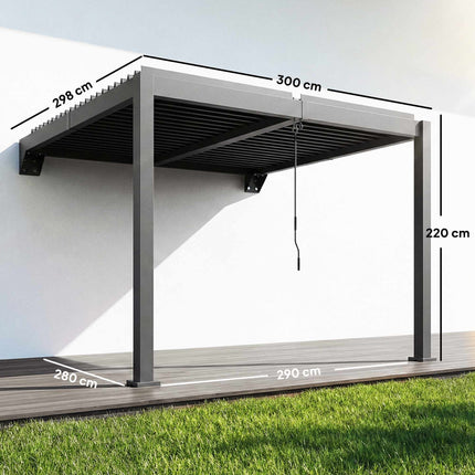 Nástěnná lamelová pergola, 3x3m, nastavitelná kovová střecha