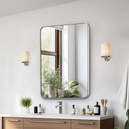 Wall Mounted Makeup Mirror, 22 x 30 in, Aluminum Frame, Rectangular