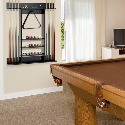 Wall-Mounted Pool Cue Rack, 8 Cues, 15 Balls, Black