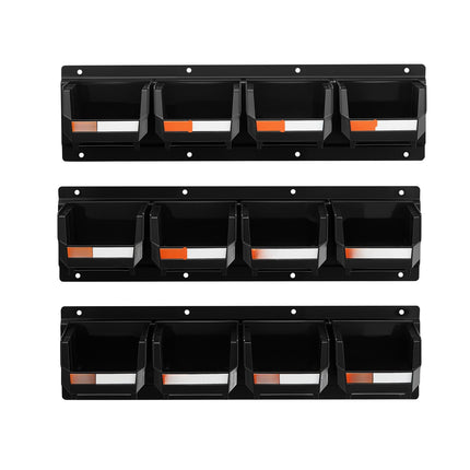 Wall-Mounted Storage Bins Set, 12 Bins, 3 Rails, Black