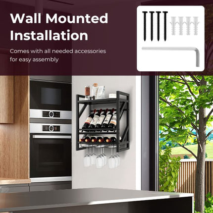 Wall-Mounted Wine Rack With Glass Holder, 10 Bottles, 12 Glasses