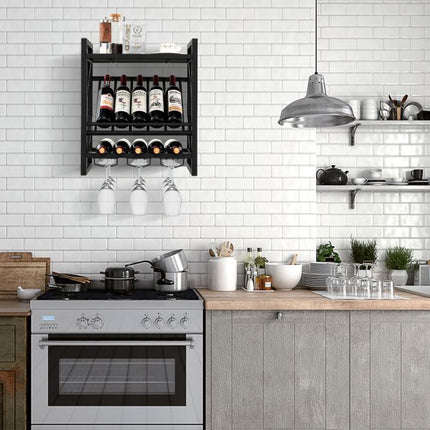 Wall-Mounted Wine Rack With Glass Holder, 10 Bottles, 12 Glasses