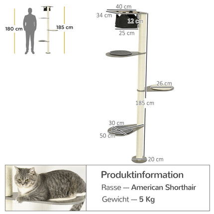 Kočičí strom s houpací sítí, plošinami a škrabadlem, 185 cm - šedá/krémová
