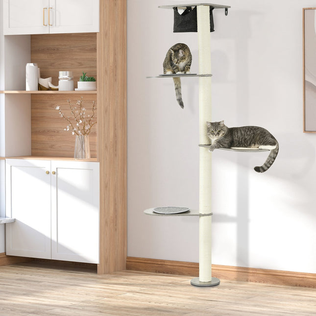Kočičí strom s houpací sítí, plošinami a škrabadlem, 185 cm - šedá/krémová