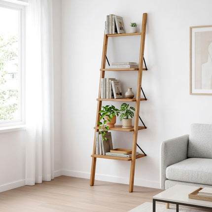 Žebříkový regál ořech, 4patrový opěrný design, 180cm