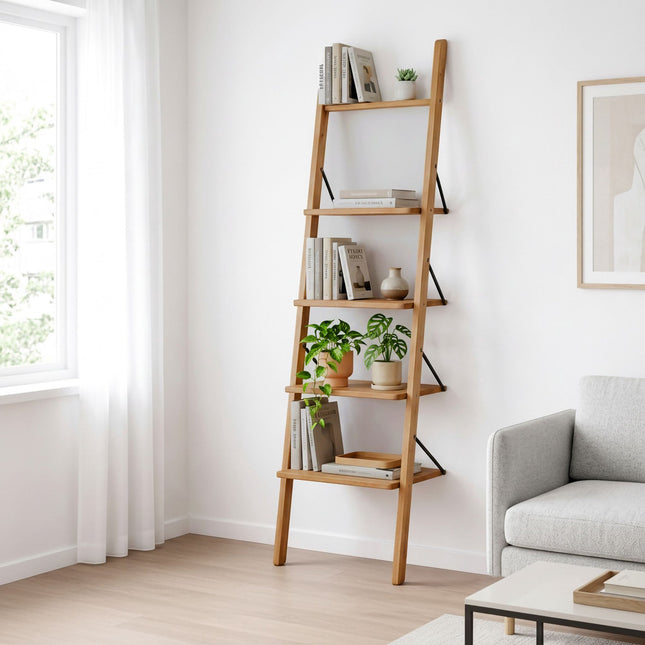 Žebříkový regál ořech, 4patrový opěrný design, 180cm