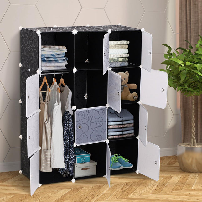 Modular black & white PP wardrobe with clothes rail