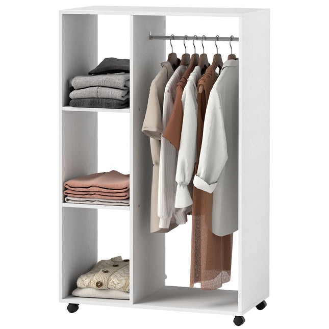 Rollgarderobe - 3 Ablagen, Kleiderstange, 80x40x128 cm, weiß