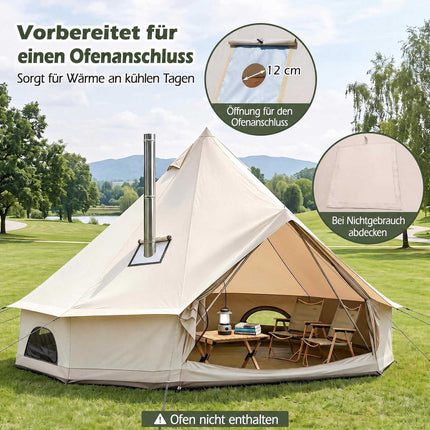 Waterproof Bell Tent with Stove Jack, Mesh Windows, Beige