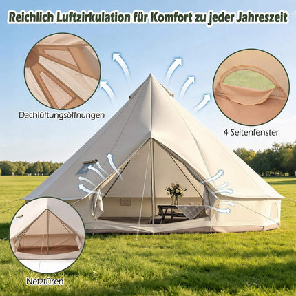 Waterproof Bell Tent with Stove Jack, Mesh Windows, Beige