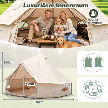 Waterproof Bell Tent with Stove Jack, Mesh Windows, Beige