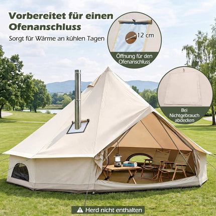 Waterproof Bell Tent with Stove Jack, Mesh Windows, Beige