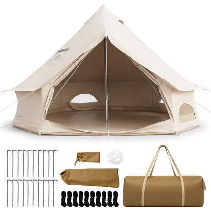 Waterproof Bell Tent with Stove Jack, Mesh Windows, Beige