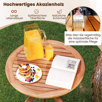 Zahradní stůl z akáciového dřeva odolný proti povětrnosti, kulatý dřevěný stůl, odkládací stůl, balkonový stůl, bistro stůl