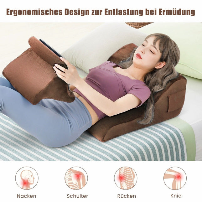 Sada klínových polštářů, ergonomický zádový polštář s bočními kapsami a pratelným potahem, opěrný polštář na krk 47.5 x 23.5 x 54 cm hnědá