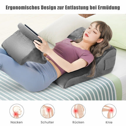 Sada klínových polštářů, ergonomický zádový polštář s bočními kapsami a pratelným potahem, opěrný polštář na krk 47.5 x 23.5 x 54 cm šedá