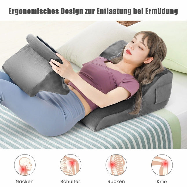 Sada klínových polštářů, ergonomický zádový polštář s bočními kapsami a pratelným potahem, opěrný polštář na krk 47.5 x 23.5 x 54 cm šedá