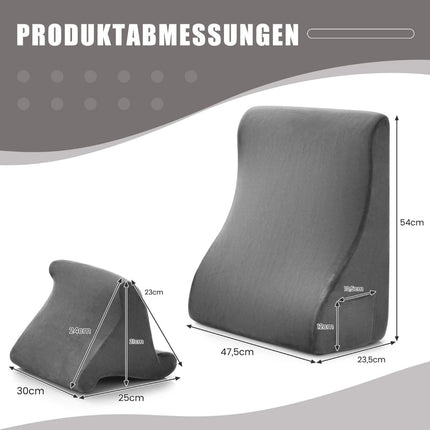 Sada klínových polštářů, ergonomický zádový polštář s bočními kapsami a pratelným potahem, opěrný polštář na krk 47.5 x 23.5 x 54 cm šedá