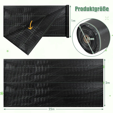 Netkaná textilie proti plevelu 50m², zahradní netkaná textilie proti plevelu, PP fólie černá 25 x 2m-100 g/m²