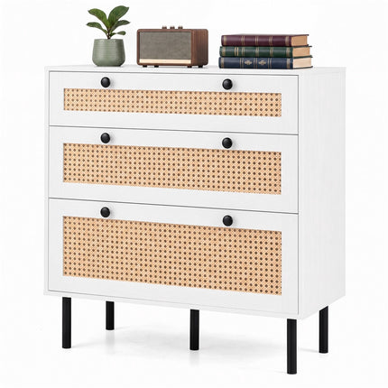 White 3-Drawer Rattan Dresser with Metal Legs for Bedroom