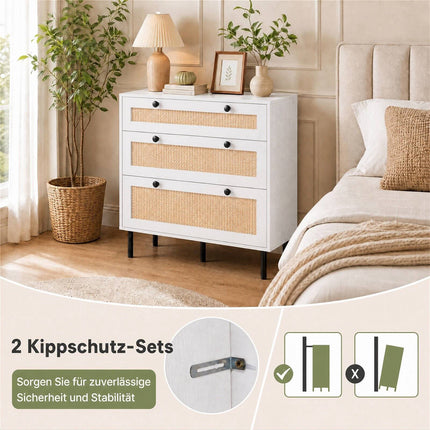 White 3-Drawer Rattan Dresser with Metal Legs for Bedroom