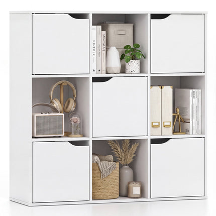 White 9-Cube Bookshelf with 5 Doors and Anti-Tip Device