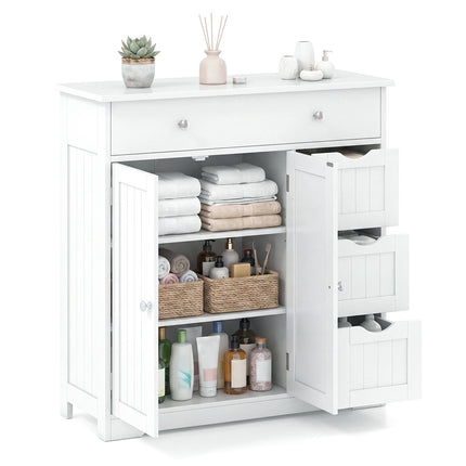 White Bathroom Floor Cabinet with 4 Drawers and 2 Doors