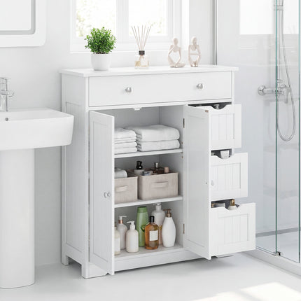 White Bathroom Floor Cabinet with 4 Drawers and 2 Doors