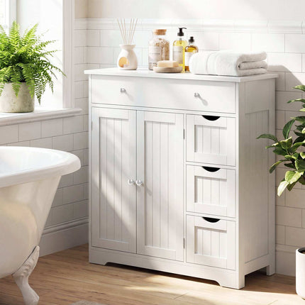 White Bathroom Floor Cabinet with 4 Drawers and 2 Doors