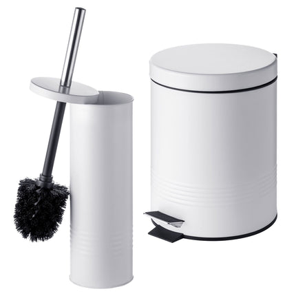 White Bathroom Set with Pedal Bin & Toilet Brush