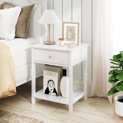 White Bedside Tables Set of 2 with Drawer & Shelf