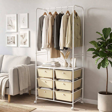 White Clothing Rack with 6 Drawers and Wheels