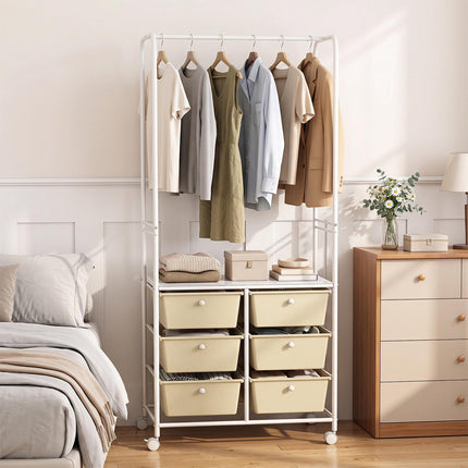 White Clothing Rack with 6 Drawers and Wheels