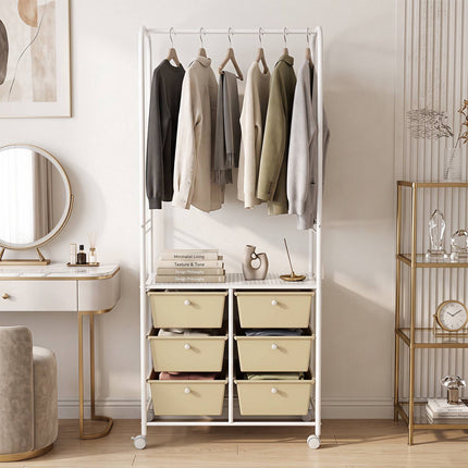 White Clothing Rack with 6 Drawers and Wheels