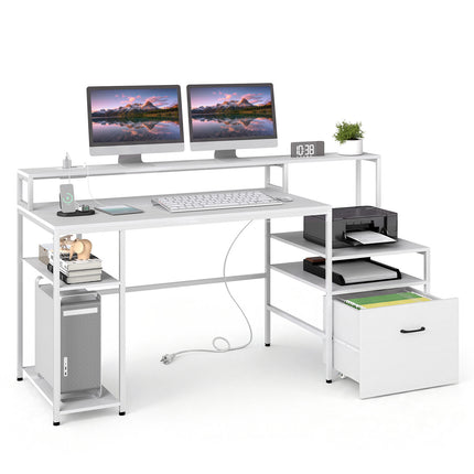 White Computer Desk with Charging Station & Monitor Stand