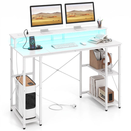 White Computer Desk with LED Lights & Charging Ports