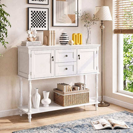 White Console Table with Drawers and Cabinets, Pine Wood