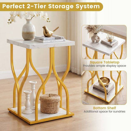 White Faux Marble Bedside Table with Gold Metal Frame