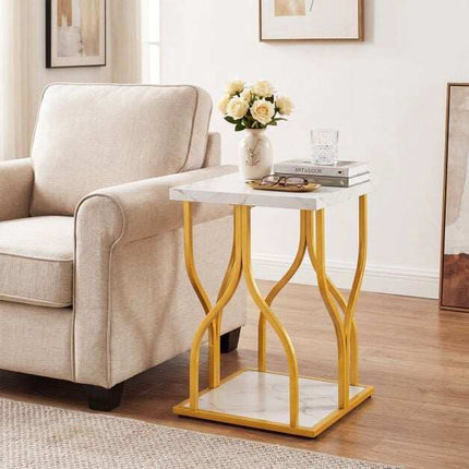 White Faux Marble Bedside Table with Gold Metal Frame